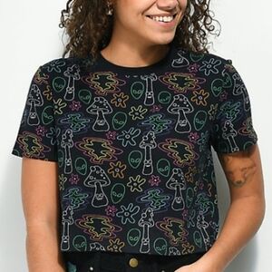 1507 * A.Lab Quinnie Allover Mushroom Print Crop Top Black Size M